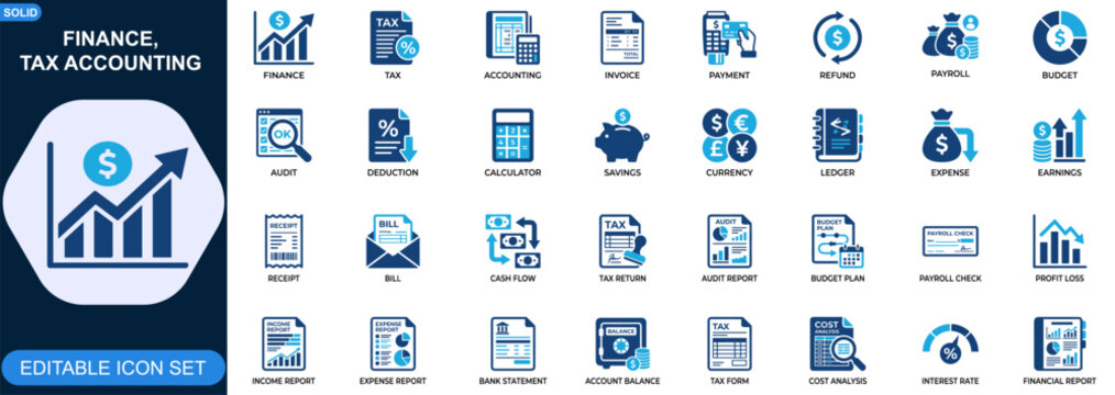Finance and tax accounting icon set. Invoice, payment, refund, payroll, budget planning, audit report, deduction, calculator, savings, currency. Editable icons collection. Vector.