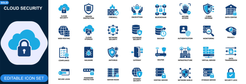 Cloud security icon set. Server protection, blockchain security, firewall, cloud computing, secure access, cyber defense, data center, web hosting. Editable icons collection. Vector.