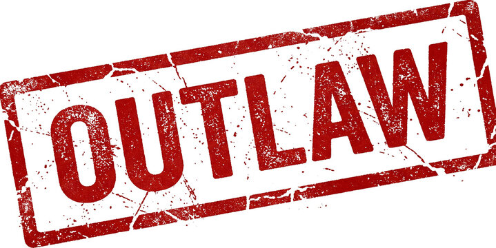  a distressed rectangular red rubber stamp print with the word OUTLAW set at a slight angle on a plain white background