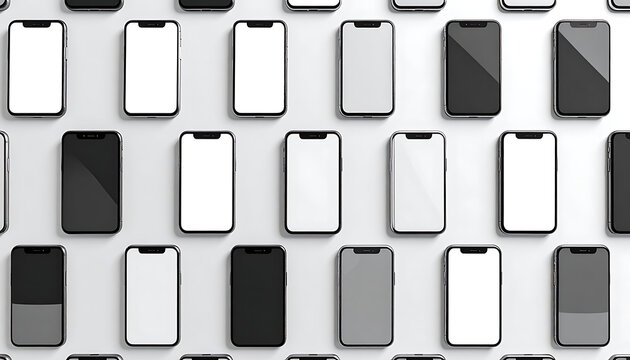 Collection of smartphones, displaying various screen colors and textures, arranged in a grid pattern, communication technology background
