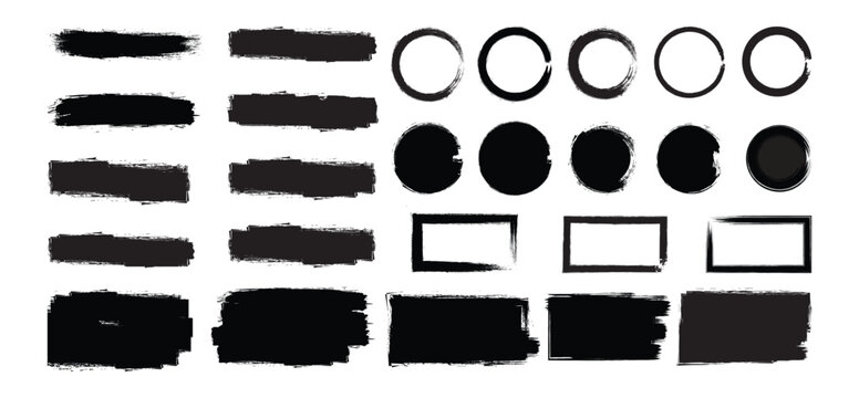 Set of vector paint brush stroke, ink splash and grungy decoration elements. Freehand grunge brush. Black watercolor splatter, texture, frame. vector illustrator