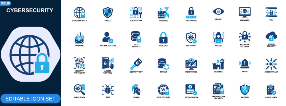 Cybersecurity icon set for digital protection and online defense. Shield, padlock, firewall, encryption, VPN, malware protection, phishing alert, data security. Editable icons collection. Vector.