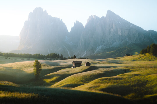 Scenic alpine mountains scenery with meadows and traditional mountain huts in the Alps in golden morning light at sunrise in summer