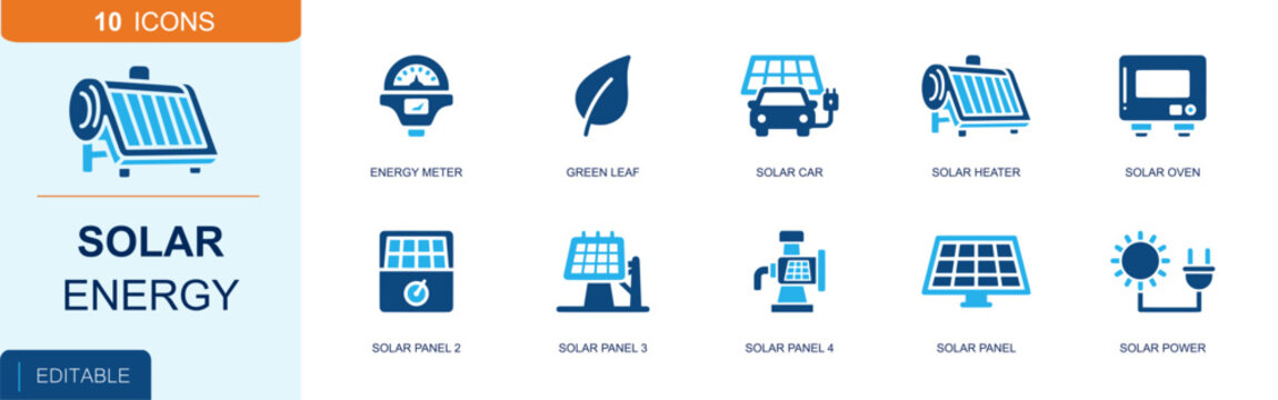 Solar energy icon set. Containing energy meter, green leaf, solar car, solar heater, solar oven, solar panel, solar power, renewable system, clean power and more. Solid fill vector icons.