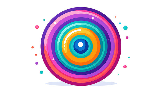 Colorful pixel art concentric circles radiating outwards, digital abstract graphic element with playful confetti dots