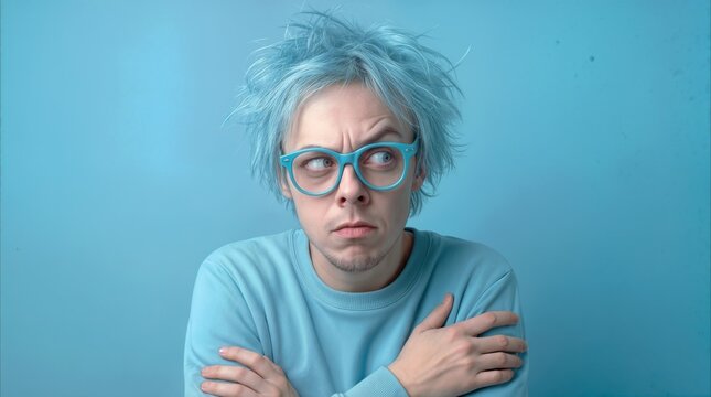 Suspicious young man with messy blue hair looking sideways against blue background. Skeptical expression and monochromatic style.