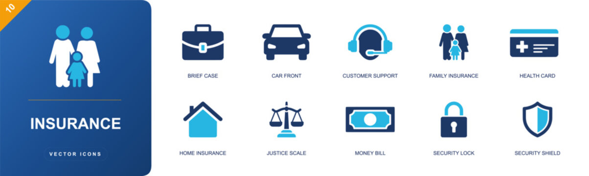 Insurance icon set. Containing briefcase, car, customer support, family insurance, health card, home insurance, justice scale, security lock, shield and more. Solid fill vector icons.