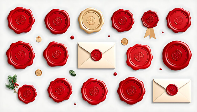Collection of red and gold wax seals with intricate patterns and vintage envelopes, symbolizing authenticity and important documents