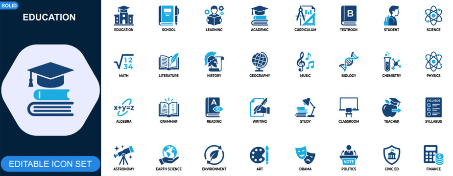 Education and Academic Subjects Icon Set. Learning, school curriculum, science, math, literature, history, geography, music, textbook. Editable icons collection. Vector.