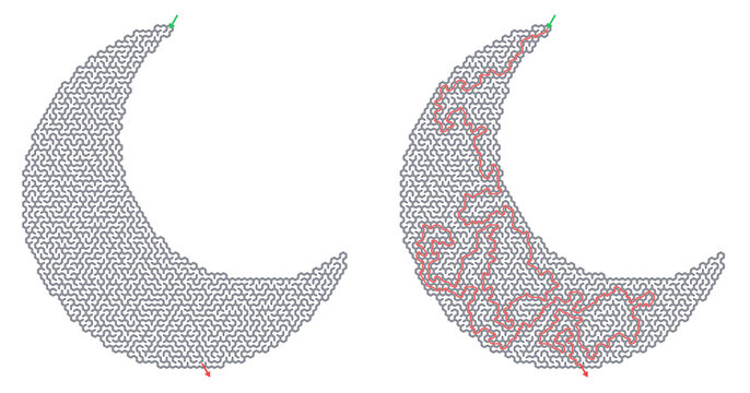 Complex maze puzzle with solution outlined, Solved maze vector