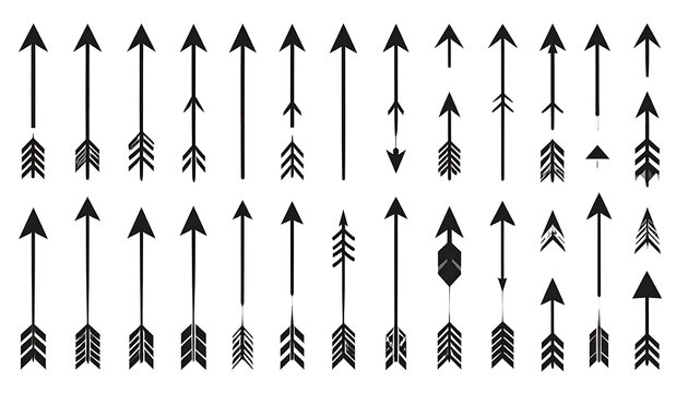 Collection of stylized arrows, tribal elements, primitive design, direction symbols, graphic icons for navigation
