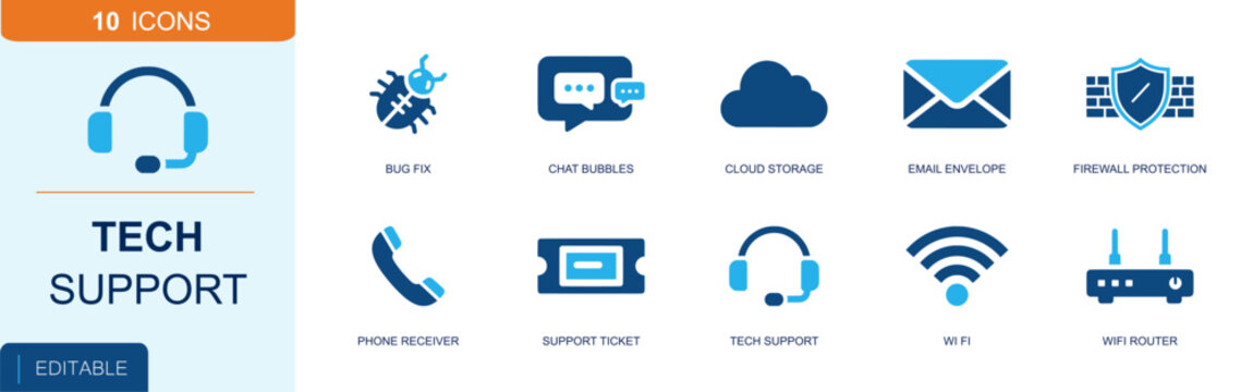 Tech support icon set. Containing bug fix, chat bubbles, cloud storage, email envelope, firewall protection, support ticket, WiFi router, headset and more. Solid fill vector icons.