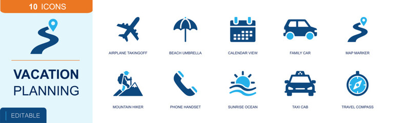 Vacation planning icon set. Containing airplane, beach umbrella, calendar, family car, map marker, mountain hike, sunrise, taxi cab, travel compass and more. Solid fill vector icons. © Master