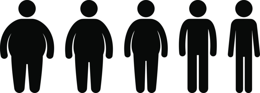 Human Body Shape Icon Vector Set Showing Different Male Body Types, Weight Levels, and Silhouettes from Obese to Slim Figures for Health, Fitness, Medical, and Infographic Design