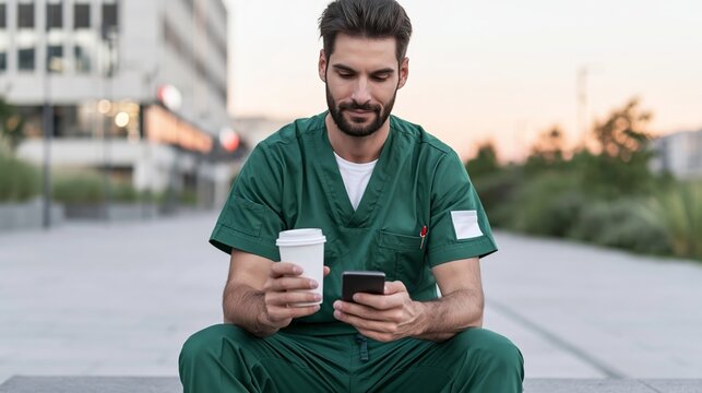 Male doctor in green scrubs checking smartphone, holding coffee cup during break on urban medical campus