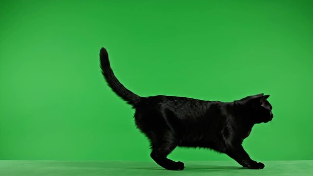Green Screen Short-Haired Black Cat Leaping Mid-Air with Fully Extended Limbs in Profile View