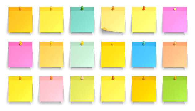 Collection of colorful sticky notes pinned on a transparent background, diverse colors and sizes, simple office supply design elements