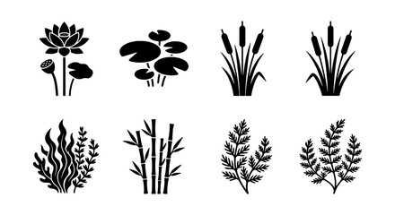 Aquatic plant silhouette icons, 8 pond vegetation vectors, lotus and reed © MdParvej
