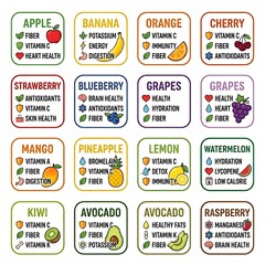 Naklejka premium Colorful fresh fruits arranged in a grid layout.