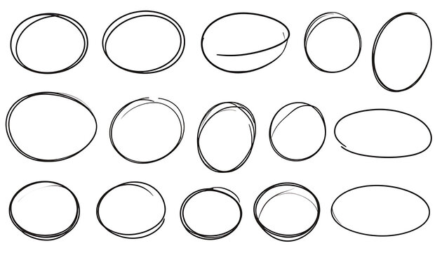 Collection of hand-drawn oval and circle shapes, imperfect outlines, sketchy design elements, isolated on white background