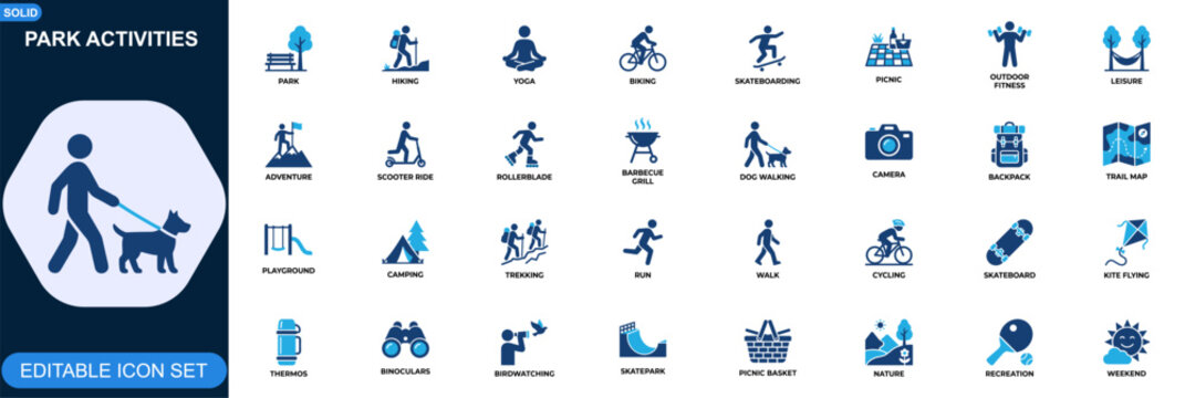 Park activities icon set. Hiking, yoga, biking, skateboarding, picnic, outdoor fitness, leisure adventure. Editable icons collection. Vector.