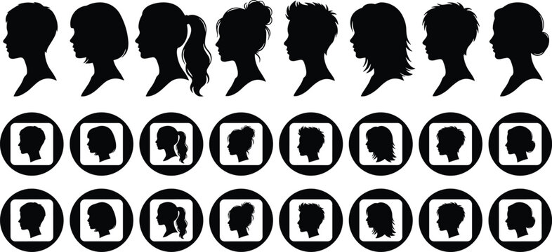 Human profile silhouette icons set, male and female head shapes, hairstyle variety, avatar collection, identity concept, vector illustration