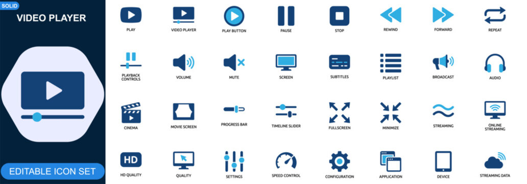 Video player icon set. Playback controls, streaming interface, multimedia UI, audio video, subtitles, fullscreen, settings, cinema screen. Editable icons collection. Vector.