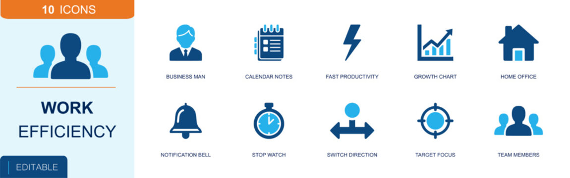 Work efficiency icon set. Containing business man, calendar notes, lightning, growth chart, home office, bell alert, stopwatch, target focus, team members and more. Solid fill vector icons.