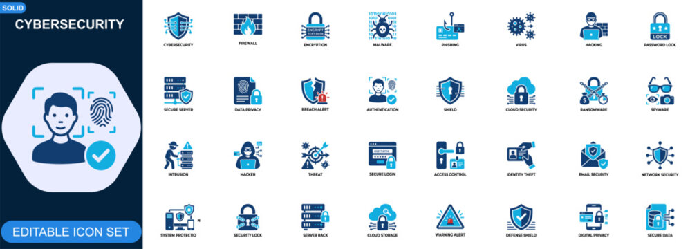 Cybersecurity icon set for digital protection and network defense. Firewall, encryption, malware, phishing, secure server, password lock, data privacy. Editable icons collection. Vector.