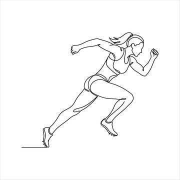 Woman in motion running fast with one arm bent and hair flowing behind her