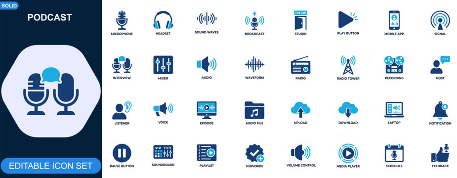 Podcast icon set. Microphone, headset, radio, streaming, broadcast, audio recording, voice, studio production. Editable icons collection. Vector.