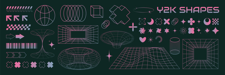 Cyberpunk 2000s element set with neon pink and blue grid wireframes, retro future stars, portals and tech symbols. Abstract y2k aesthetic shapes for streetwear, poster, banner. Vector illustration © Svitla
