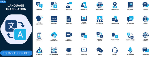 Language translation icon set. Translator, interpreter, multilingual communication, localization, global speech, online learning, dictionary, voice technology. Editable icons collection. Vector. © JIm Studio