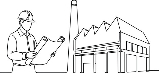 Industrial engineer with blueprint illustration, factory building inspection, manufacturing planning, construction safety concept, technical workflow, black outline vector art © Nafij World