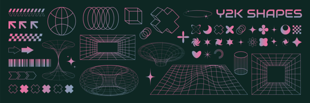 Cyberpunk 2000s element set with neon pink and blue grid wireframes, retro future stars, portals and tech symbols. Abstract y2k aesthetic shapes for streetwear, poster, banner. Vector illustration