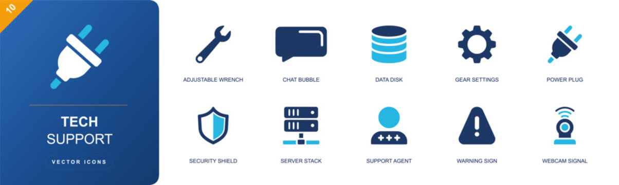 Tech support icon set. Containing wrench, chat bubble, data disk, gear settings, power plug, server stack, support agent, warning sign, webcam signal and more. Solid fill vector icons.
