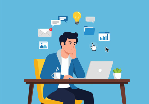 A young man working on his laptop and thinking about different ideas and tasks, a modern vector illustration