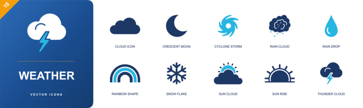 Weather icon set. Containing cloud icon, crescent moon, cyclone storm, rain cloud, rain drop, rainbow shape, snowflakes, sun cloud, thunder cloud and more. Solid fill vector icons.
