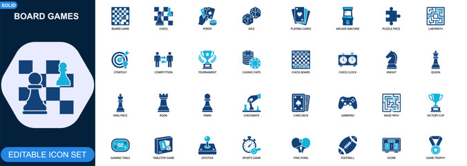 Board games icon set. Chess, poker, dice, playing cards, arcade, puzzle, labyrinth, strategy competition. Editable icons collection. Vector. © JIm Studio
