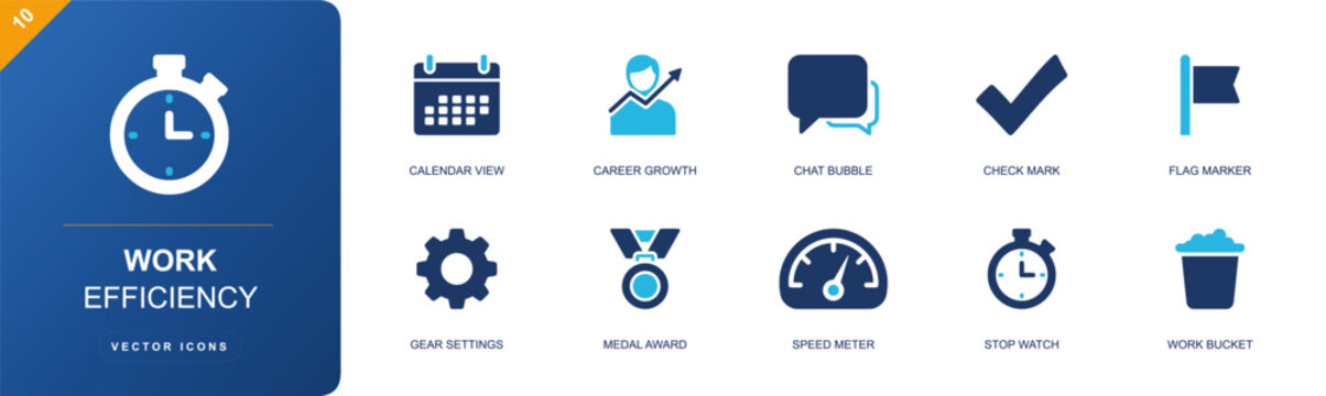 Work efficiency icon set. Containing calendar view, career growth, chat bubble, check mark, flag marker, gear settings, medal award, speed meter, stopwatch and more. Solid fill vector icons.
