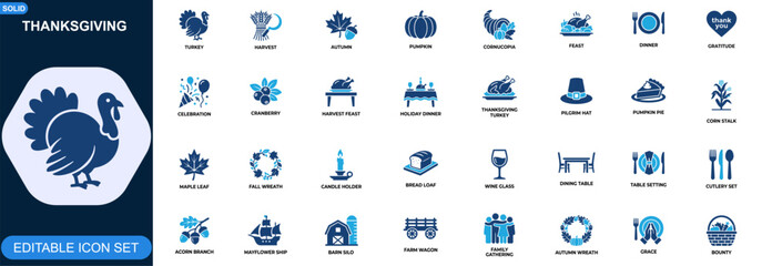 Thanksgiving icon set. Turkey, pilgrim, harvest feast, pumpkin, cornucopia, autumn celebration, holiday dinner, gratitude tradition. Editable icons collection. Vector. © JIm Studio