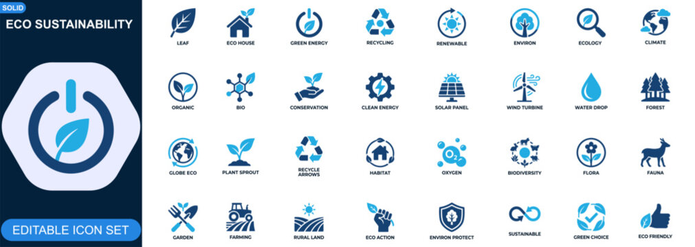 Eco sustainability icon set. Green energy, recycling, renewable power, organic nature, environmental protection, clean climate, forest conservation. Editable icons collection. Vector.
