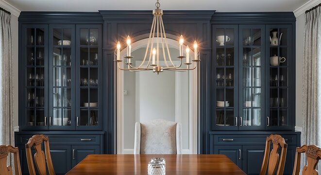 A beautifully designed dining room interior featuring elegant navy blue custom builtins with glass doors framing an arched entryway and chandelier