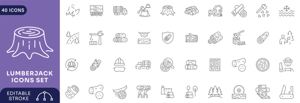 Lumberjack icon set. Containing axe, chainsaw, timber, logging, forest, felling, hardwood, sawdust. Editable stroke