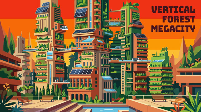 eco sustainable vertical forest megacity landscape vector megacity environment technology urban climate transformation skyline civilization