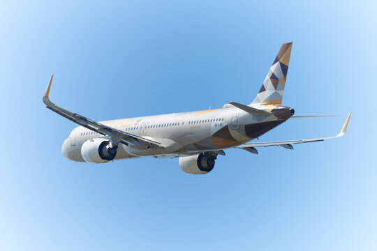 Etihad Airways airplane Airbus A321-251NX(LR) registration A6-LRF taking off from Swiss Z&uuml;rich Airport on a sunny spring day. Photo taken May 26th, 2026, Zurich Airport, Switzerland.