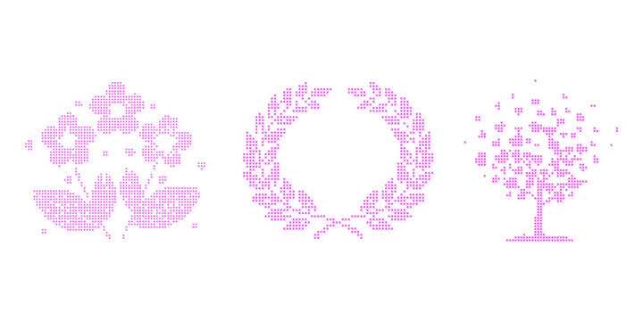 Flowers Laurel Wreath and Tree Cross Stitch Vector Set. Pixel Art Nature Elements