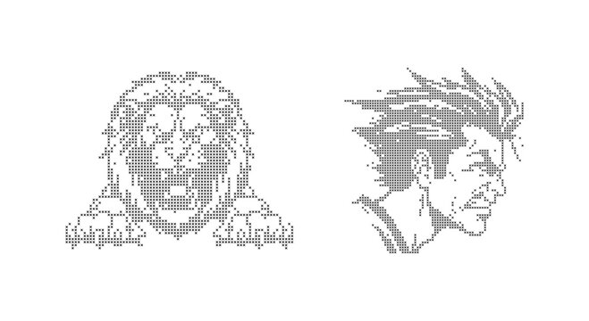 Lion Head and Warrior Profile Cross Stitch Vector Set. Pixel Art Tribal Designs