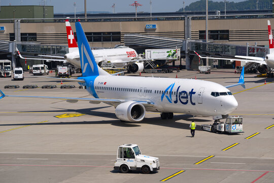 Ajet passenger airplane Boeing 737 MAX 8 registration TC-OHR pushback at Swiss Z&uuml;rich Airport on a sunny spring day. Photo taken May 26th, 2026, Zurich Airport, Switzerland.