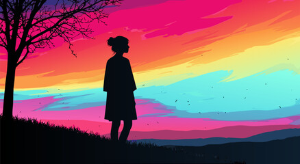 Obraz premium Vibrant Sunset Silhouette Illustration A Young Person Gazes at the Horizon, Vector Art